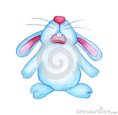 Watercolor illustration of a blue cute Easter bunny who is sad, disappointed and crying Vector Illustration