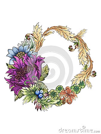 Watercolor illustration Botanical flower blue violet purple of wild and garden and abstract leaves foliage wreath Baroque Style Cartoon Illustration