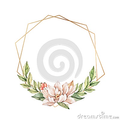 Watercolor illustration. Botanical golden frame with wild white flower, leaves, branches. Floral Design elements. Perfect for wedd Cartoon Illustration