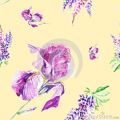 Watercolor illustration Botanical lupines and iris flowers isolated on yellow background. Seamless pattern Cartoon Illustration