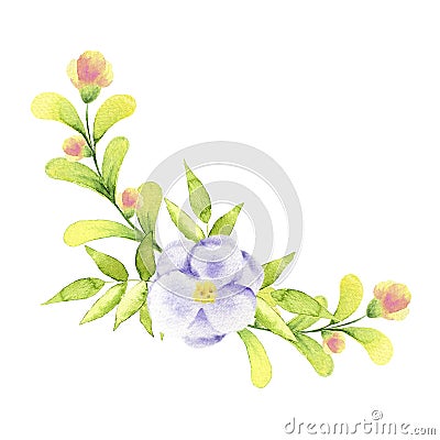 Watercolor illustration of a bouquet of blue roses, flies and twigs. Stock Photo