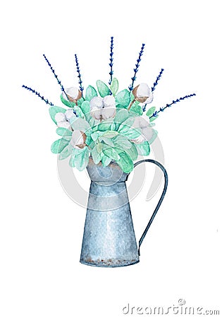 Watercolor illustration. Bouquet with cotton in a metal vase. Cartoon Illustration
