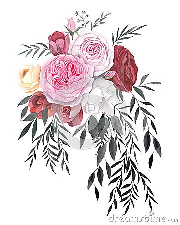 Watercolor illustration of bouquet with garden roses. Cartoon Illustration