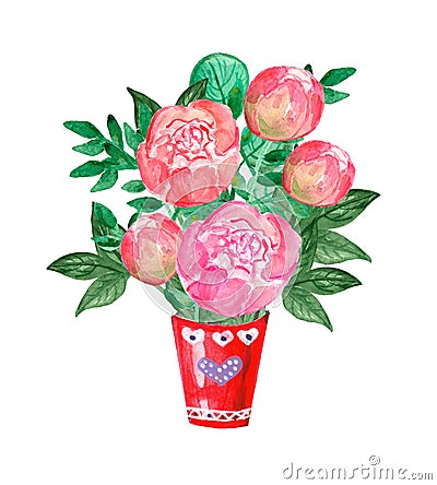 Watercolor illustration, bouquet, peonies, lush peonies, in a red decorative bucket drawing from nature. Cartoon Illustration