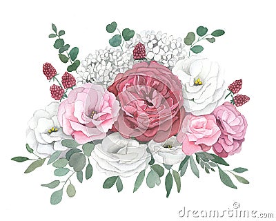 Watercolor illustration of bouquet with red rose, hydrangea, eucalyptus Cartoon Illustration