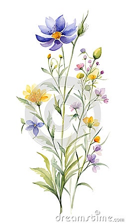 Watercolor illustration of a bouquet of wildflowers on a white background Cartoon Illustration