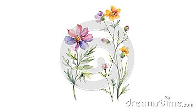 Watercolor illustration of a bouquet of wildflowers on a white background Cartoon Illustration