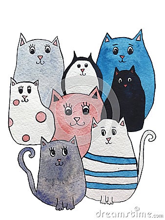 Watercolor illustration of bright cute cats. Cartoon characters Cartoon Illustration