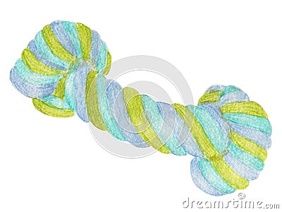 Watercolor knot toy for dogs isolated on white background. Element for various pets products, interior, furniture etc. Cartoon Illustration