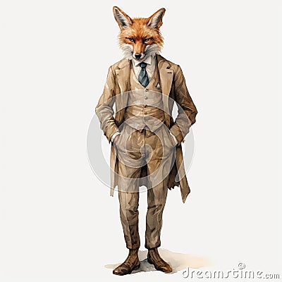 Vintage Watercolor Fox In Suit: Stylish And Realistic Figurine Art Cartoon Illustration