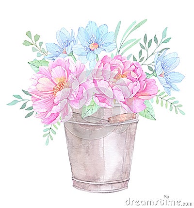 Watercolor illustration. Bucket with Floral elements. Bouquet wi Cartoon Illustration