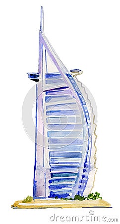 Watercolor illustration. Burj Al Arab hotel on Jumeirah beach in Dubai. Stock Photo