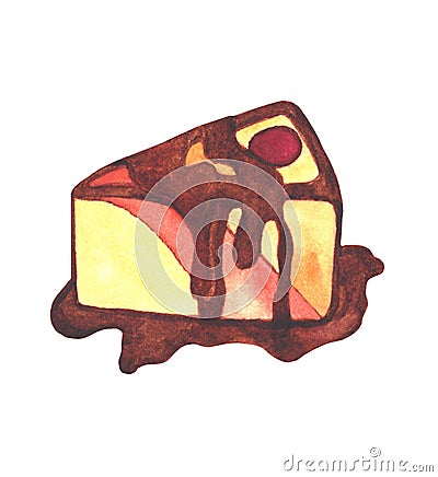 Watercolor illustration with cake, cheescake isolated on white background . Hand Cartoon Illustration