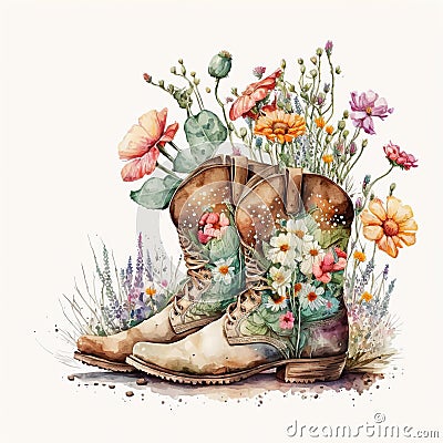 Saddle Up for Spring: Watercolor Boots and Springtime Wildflowers AI Generated Cartoon Illustration