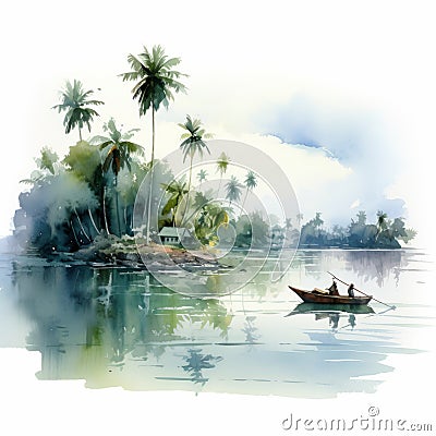 Enigmatic Tropics: Watercolor Painting Of Island Landscape With Boat Cartoon Illustration