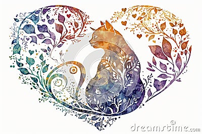 Watercolor illustration of a cat with a heart-shaped floral pattern Cartoon Illustration