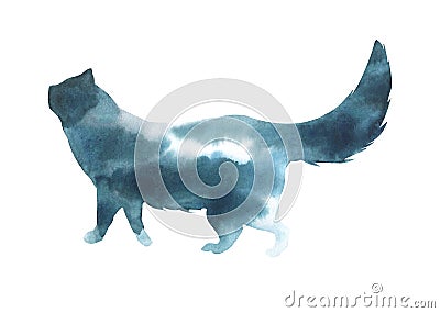 Watercolor illustration of a cat silhouette with clouds abstraction Cartoon Illustration