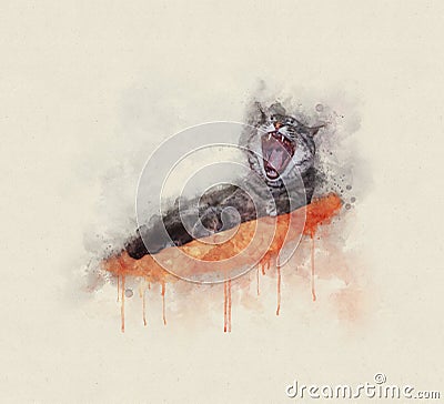 Watercolor illustration of a cat yawning while lying Cartoon Illustration