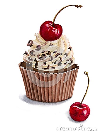 Watercolor Illustration of cherry cupcake Stock Photo