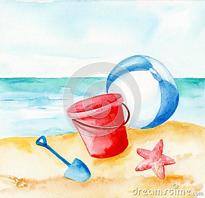 Watercolor illustration. Children`s entertainment during the summer holidays. Children`s toys by the sea. Cartoon Illustration