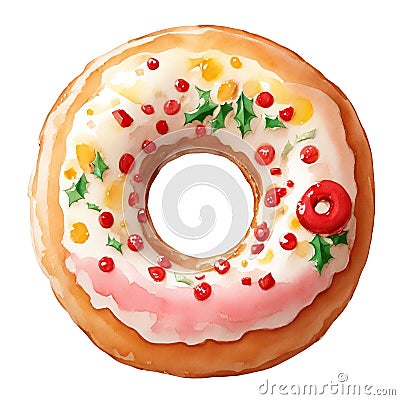 illustration, christmas berry donut decorated with confetti and icing, christmas sweets Cartoon Illustration