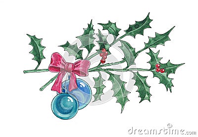 Watercolor illustration of Christmas branch of ilex. Cartoon Illustration