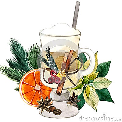 Watercolor illustration. Christmas coffee latte Cartoon Illustration