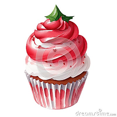 illustration, christmas cupcake, pink cream, christmas sweets, christmas decorations Cartoon Illustration