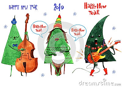 Watercolor illustration of Christmas and new year tree, background, postcard, header, congratulation, Happy New Year 2019. winter Cartoon Illustration