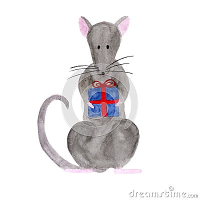 Watercolor illustration of Christmas rat holding a gift box Cartoon Illustration