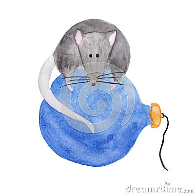 Watercolor illustration of Christmas rat lying on a blue ornament Cartoon Illustration