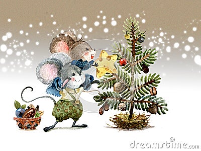 Christmas scene, mice decorate the holiday tree with seeds and fruits of plants. Watercolor illustration, handmade. Cartoon Illustration