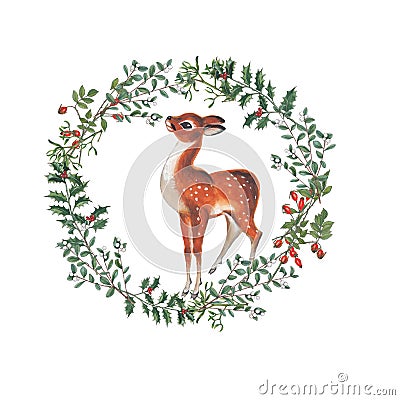 Watercolor illustration of Christmas wreath with deer. Cartoon Illustration