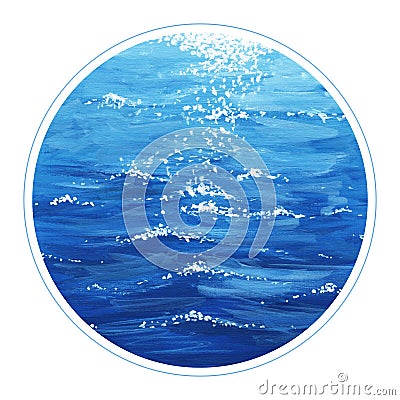 Watercolor illustration.The circle in which the landscape is inscribed. Blue water with waves and sun highlights. Cartoon Illustration