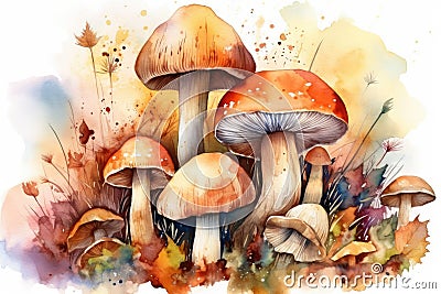 Watercolor illustration of a clearing with toxic forest fungus toadstools Cartoon Illustration