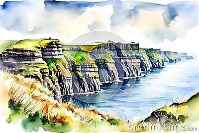 Watercolor illustration of Cliffs of Moher, County Clare, Ireland Cartoon Illustration