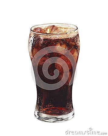 Watercolor illustration of cola glass with ice, isolated on white background. Cartoon Illustration