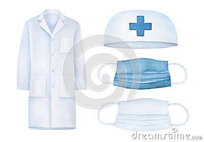 Watercolor illustration collection of medical uniform objects: doctor coat, cap, cross symbol, blue and white face masks. Cartoon Illustration