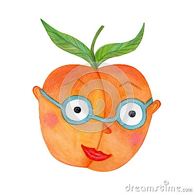 Watercolor illustration of colorful cartoon funny peach, apricot in glasses. Cartoon Illustration