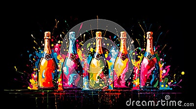 Watercolor illustration colorful champagne bottles set on a black background Cartoon Illustration