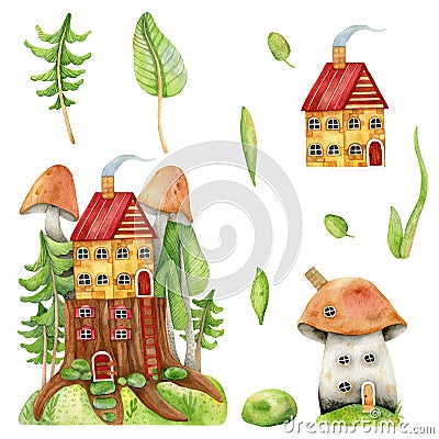 Watercolor illustration, colorful house on a stump, trees, mushrooms, plants. Cartoon Illustration