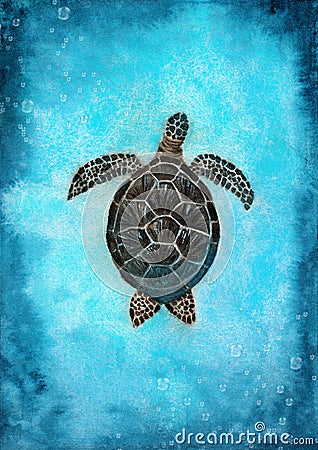 Watercolor illustration of a colorful sea turtle swimming in the blue waters Cartoon Illustration