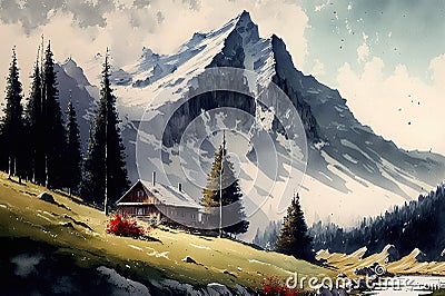 Watercolor illustration of a cottage in the famous beautiful Swiss Alps Stock Photo