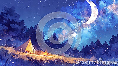 A watercolor illustration of a cozy campsite nestled in a forest clearing, with a tent, campfire, and starry sky above Cartoon Illustration