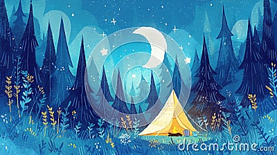 A watercolor illustration of a cozy campsite nestled in a forest clearing, with a tent, campfire, and starry sky above Cartoon Illustration