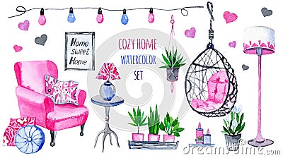 Watercolor illustration of a cozy home decor Cartoon Illustration