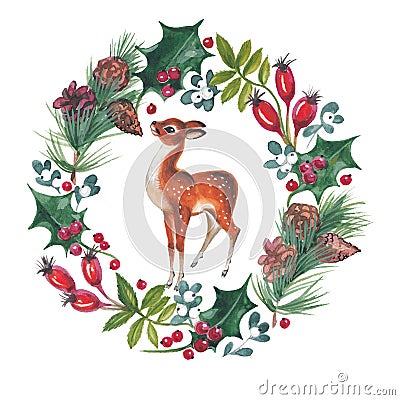 Watercolor illustration of Cristmas wreath with holly and deer. Cartoon Illustration