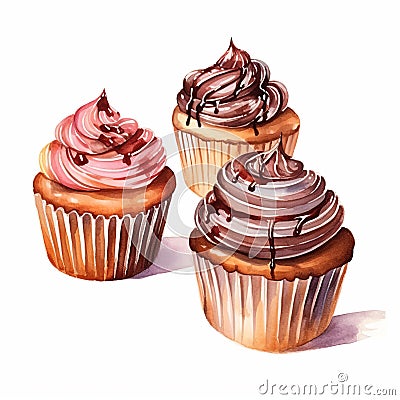 Hyperrealistic Watercolor Illustration Of Three Cupcakes With Chocolate Glaze Cartoon Illustration