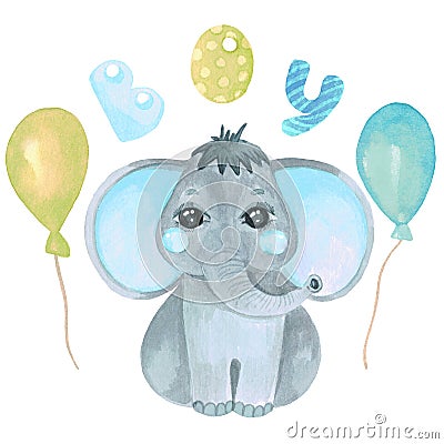 Watercolor illustration of a cute baby elephant Safari Safari animal clip art for invitations, baby shower, nursery wall Cartoon Illustration