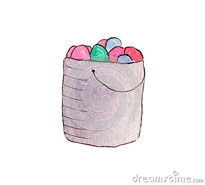 Watercolor illustration of a cute bascet with colorful Easter eggs separeted on the white background Cartoon Illustration
